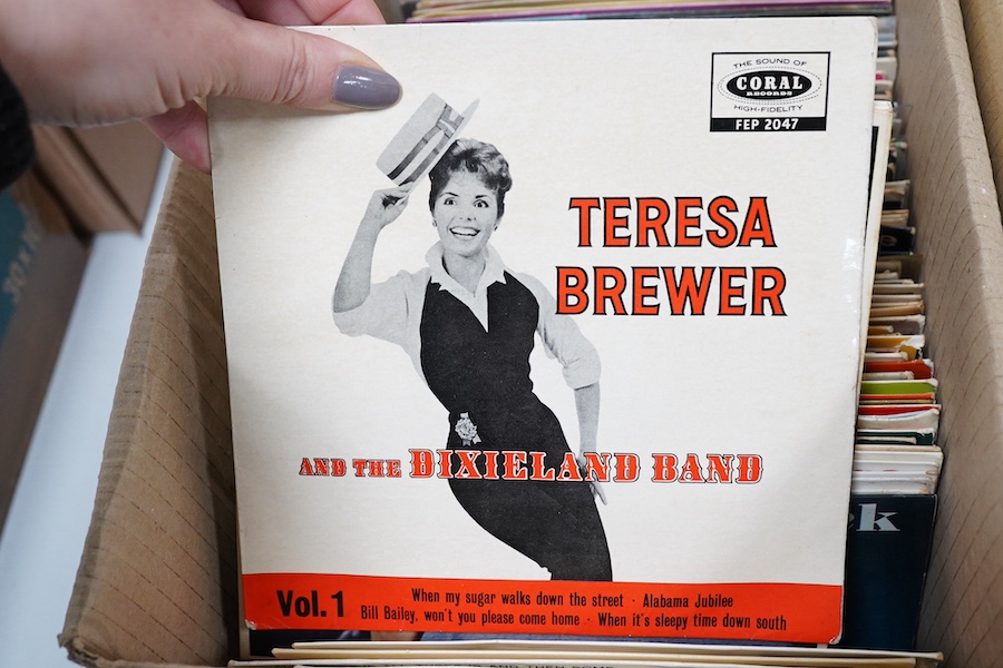 Four boxes of 7 inch singles, record labels include; Columbia, Parlophone, RCA, London, Brunswick, HMV, etc., artists include; Hank Williams, Ray Charles, the righteous brothers, Bill Haley and His Comets, Chuck Berry, A